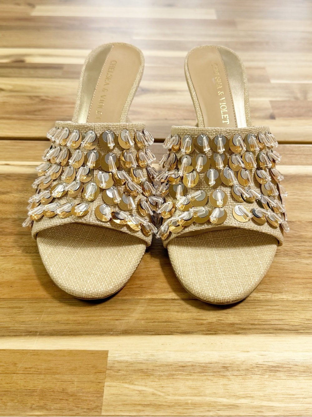 Chelsea & Violet Piperr Linen Ornamented Sequin Fringe Heeled Slide Sandals NEW - Picture 9 of 12